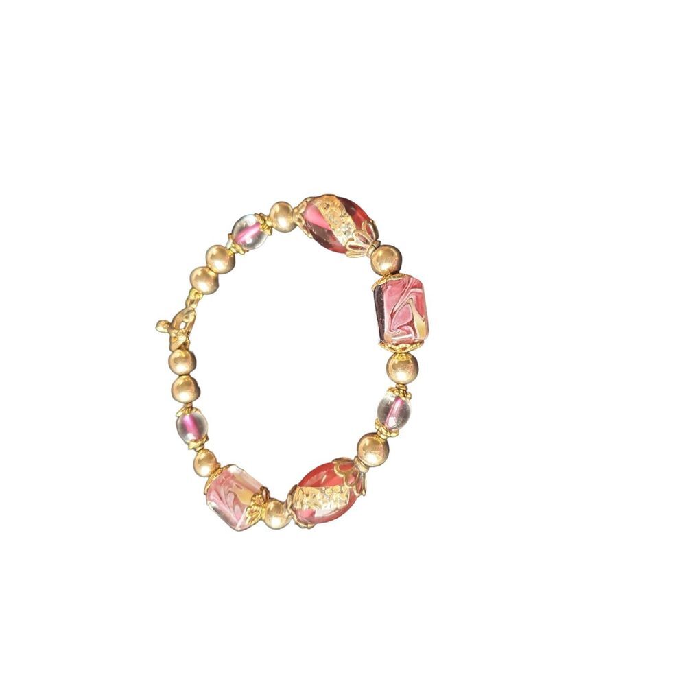 Gold Tone Pink Glass and Gold Bead Bracelet Heart Toggle Clasp 8"